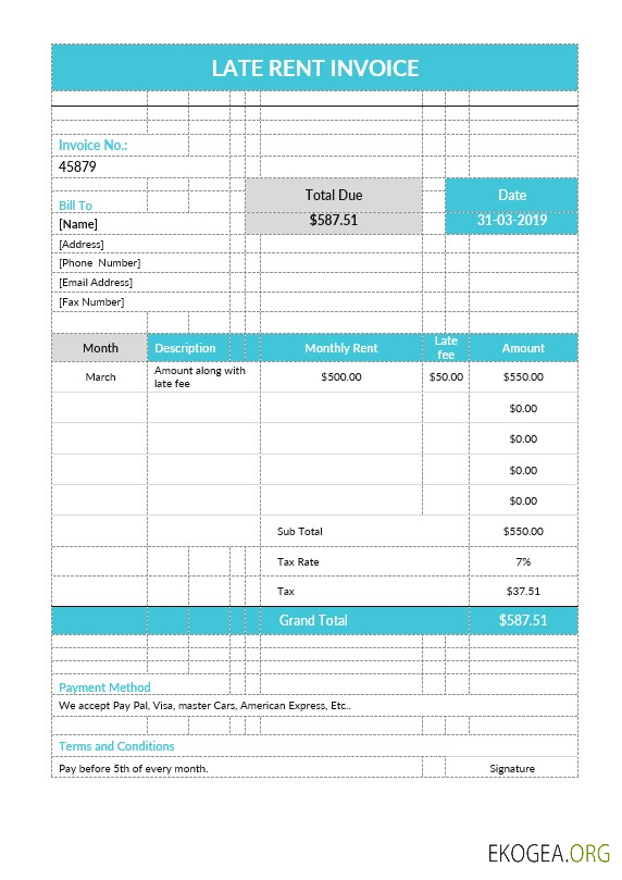 Modèle de facture de loyer en retard